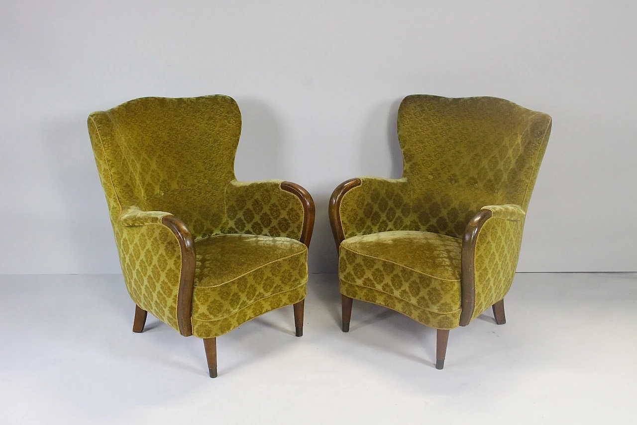 Pair of Danish wood and fabric armchairs, 1950s 4
