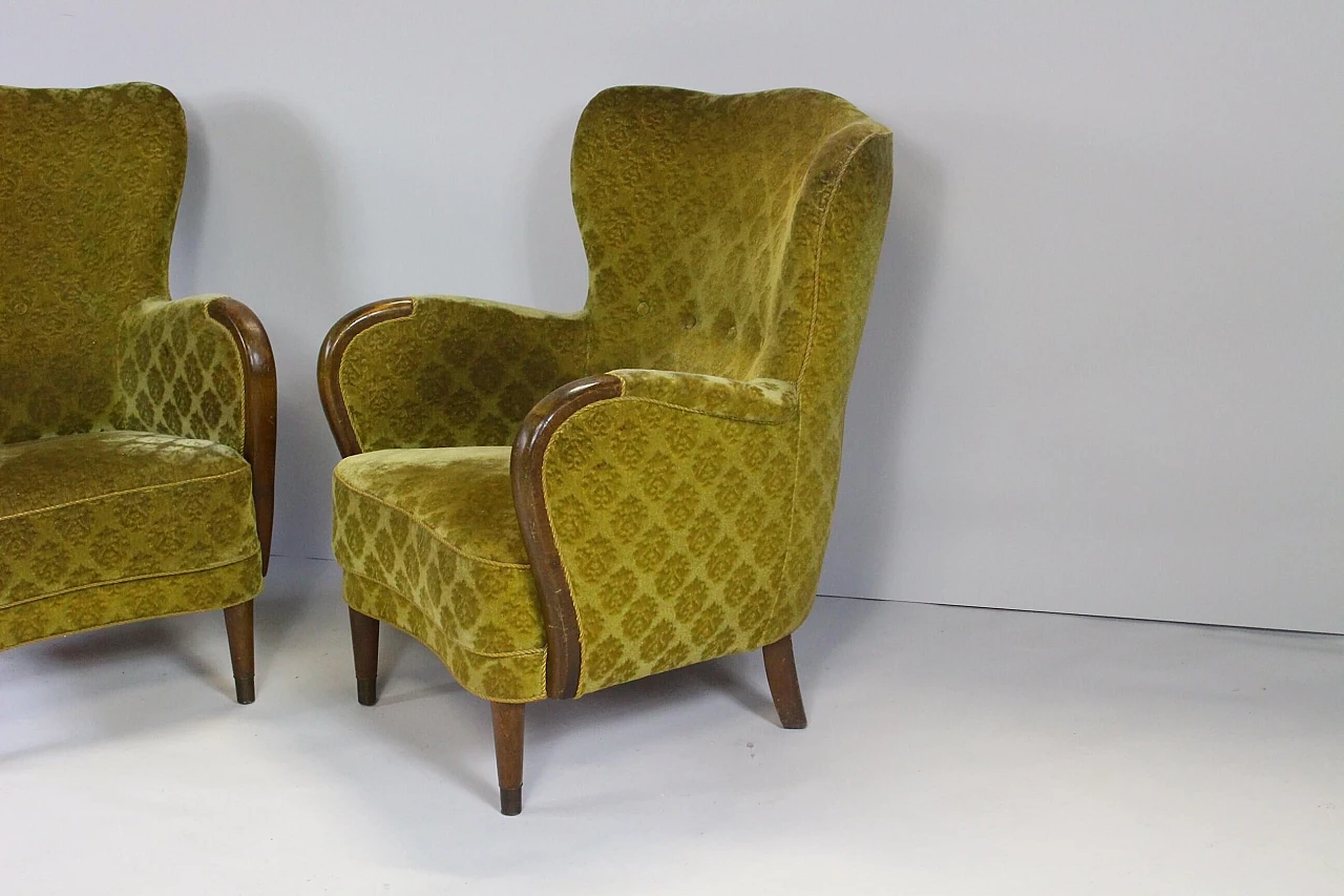 Pair of Danish wood and fabric armchairs, 1950s 6