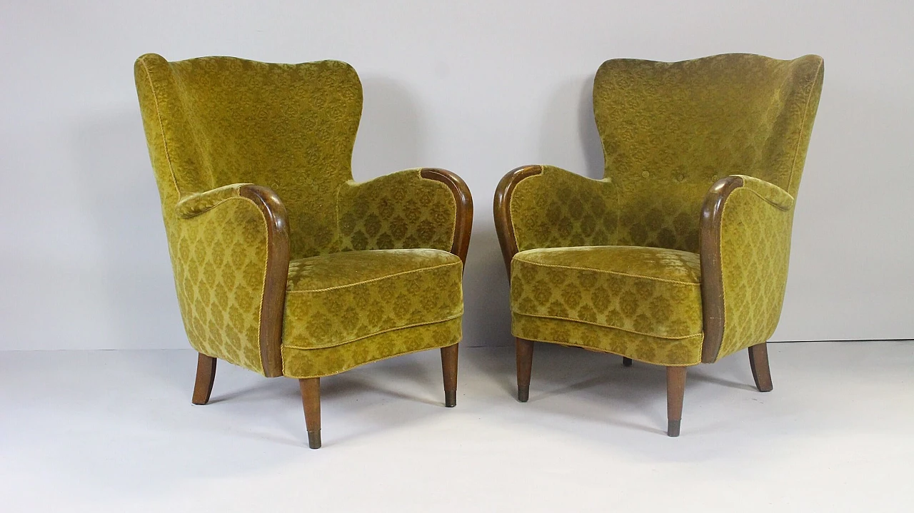 Pair of Danish wood and fabric armchairs, 1950s 11