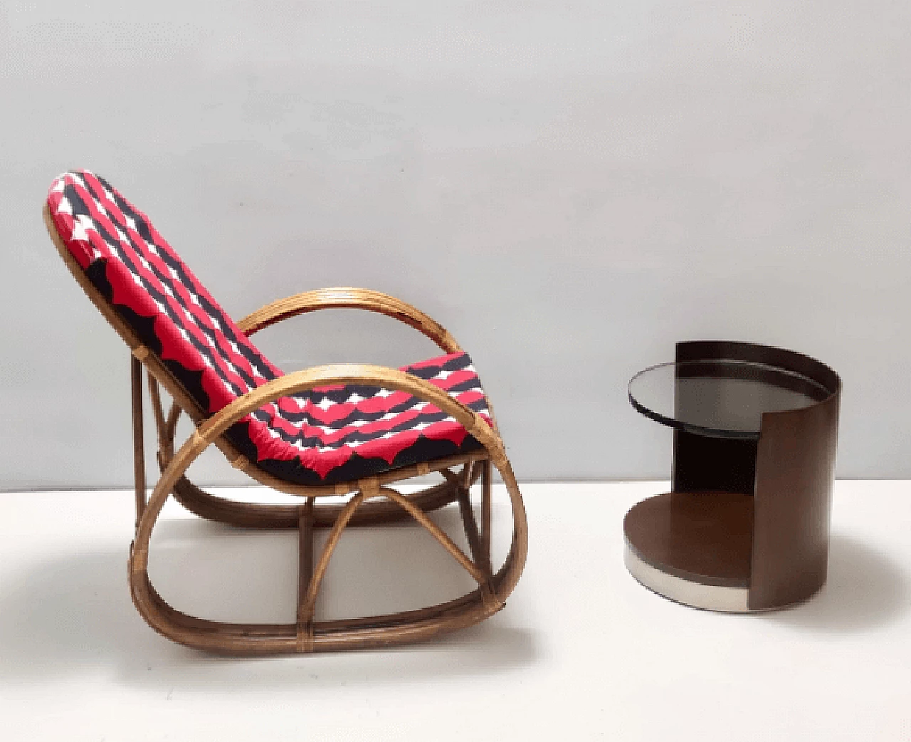 Bamboo and patterned fabric rocking chair, 1970s 3