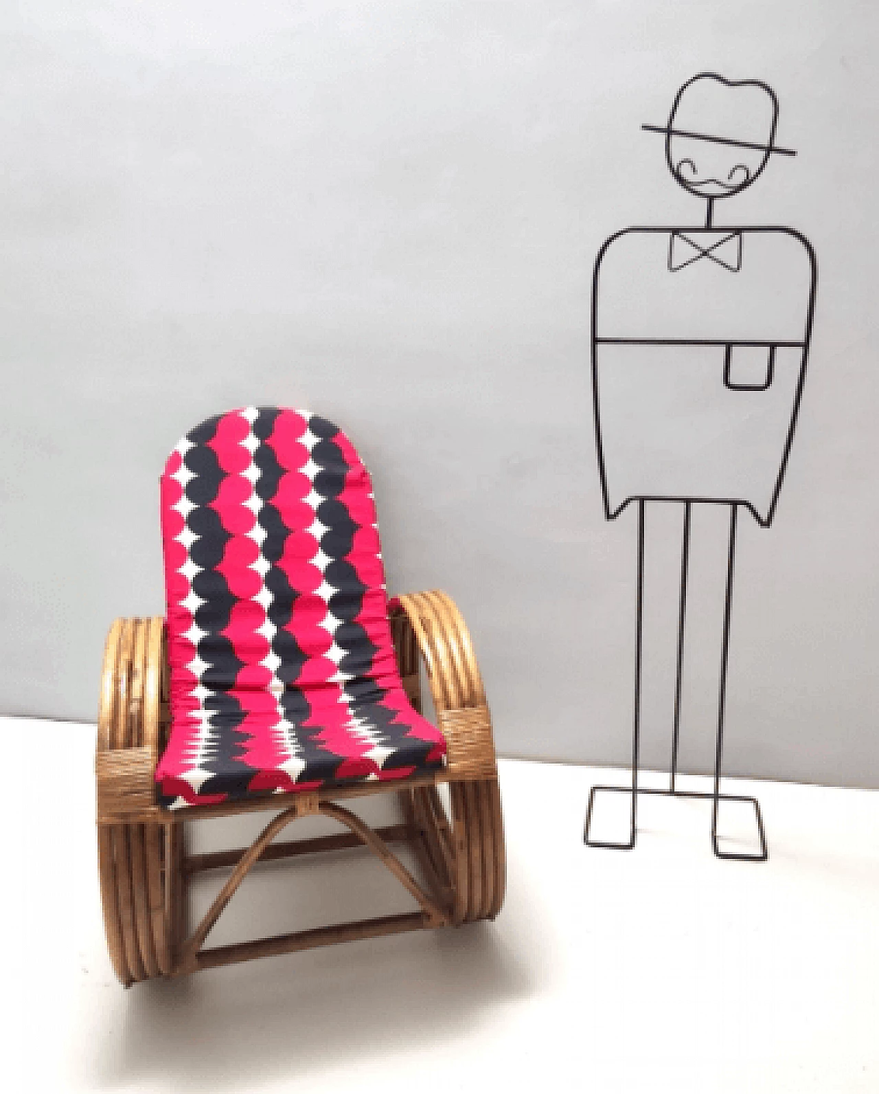 Bamboo and patterned fabric rocking chair, 1970s 4