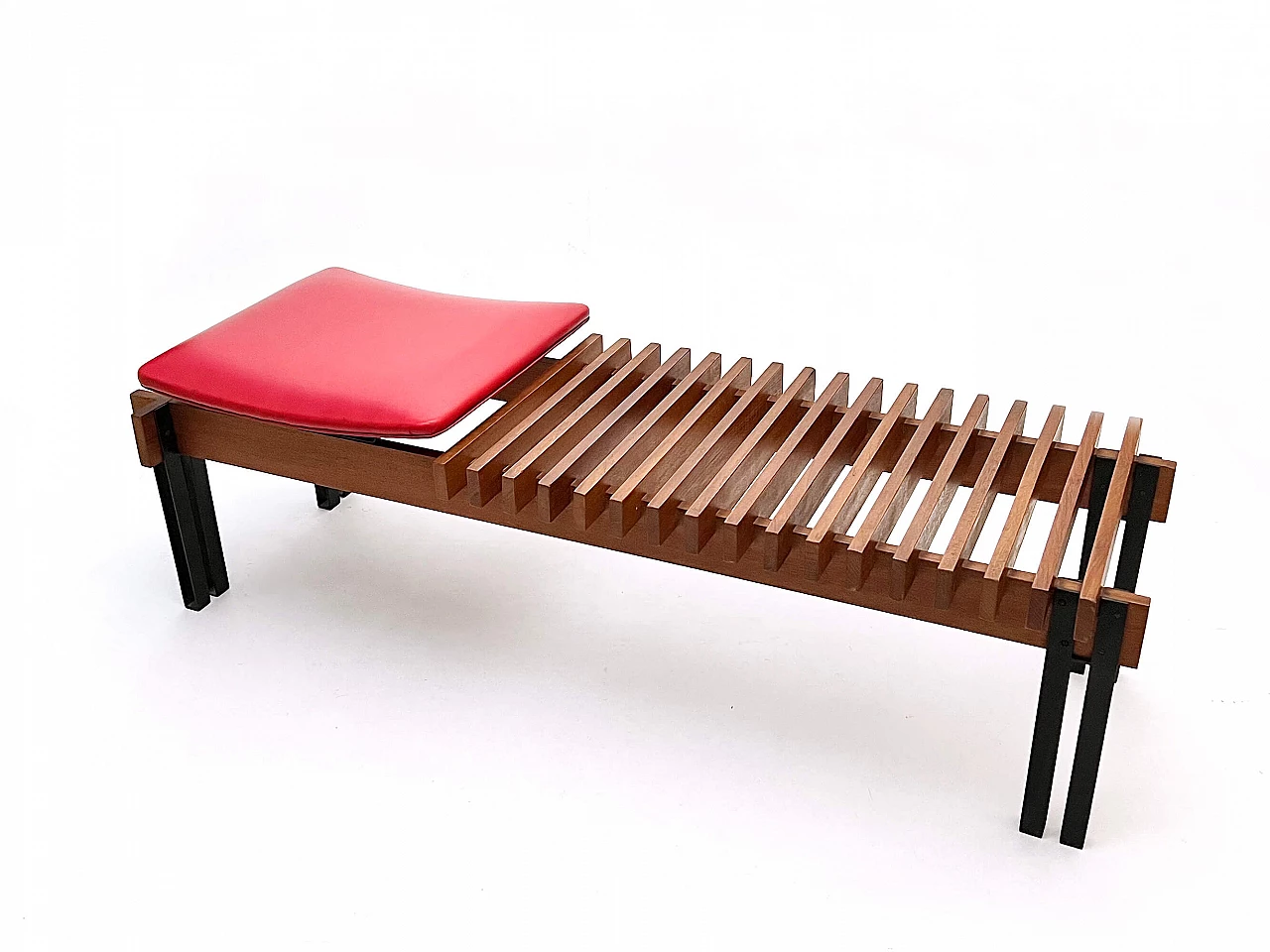 Teak and steel bench with skai seat by Inge and Luciano Rubino for APEC, 1960s 1