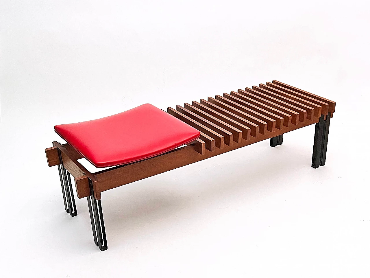 Teak and steel bench with skai seat by Inge and Luciano Rubino for APEC, 1960s 4