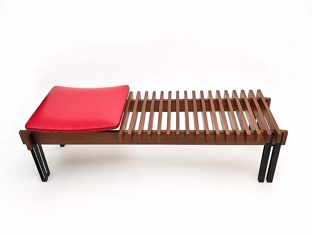 Teak and steel bench with skai seat by Inge and Luciano Rubino for APEC, 1960s 5