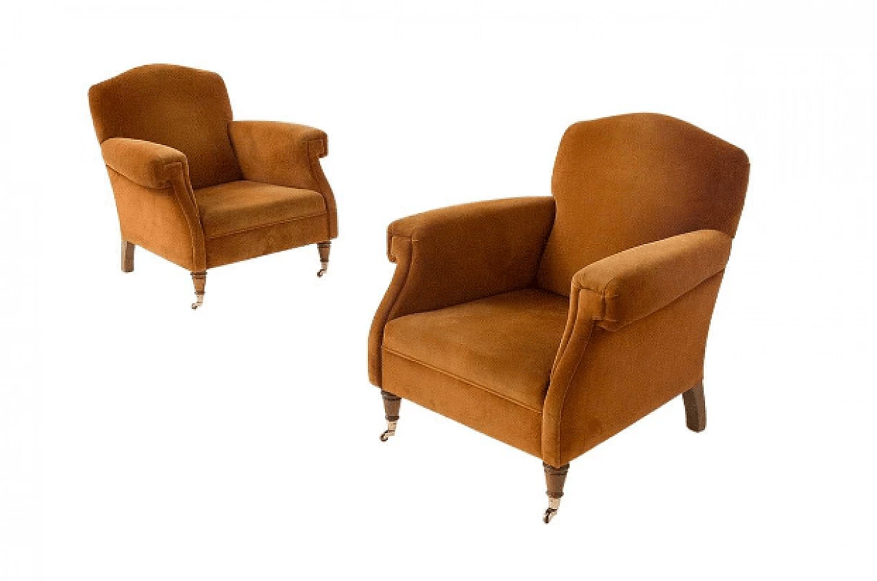 Pair of brown velvet armchairs with casters, 1950s 1