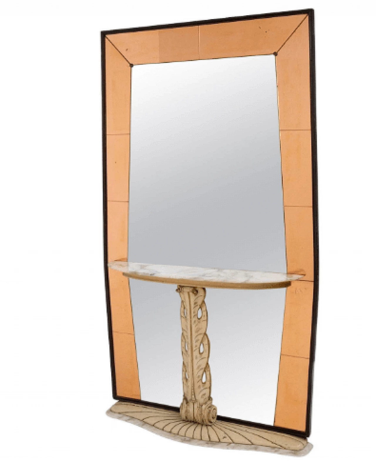 Specchio in vetro rosa con consolle in legno e marmo di Dassi, anni '30 1