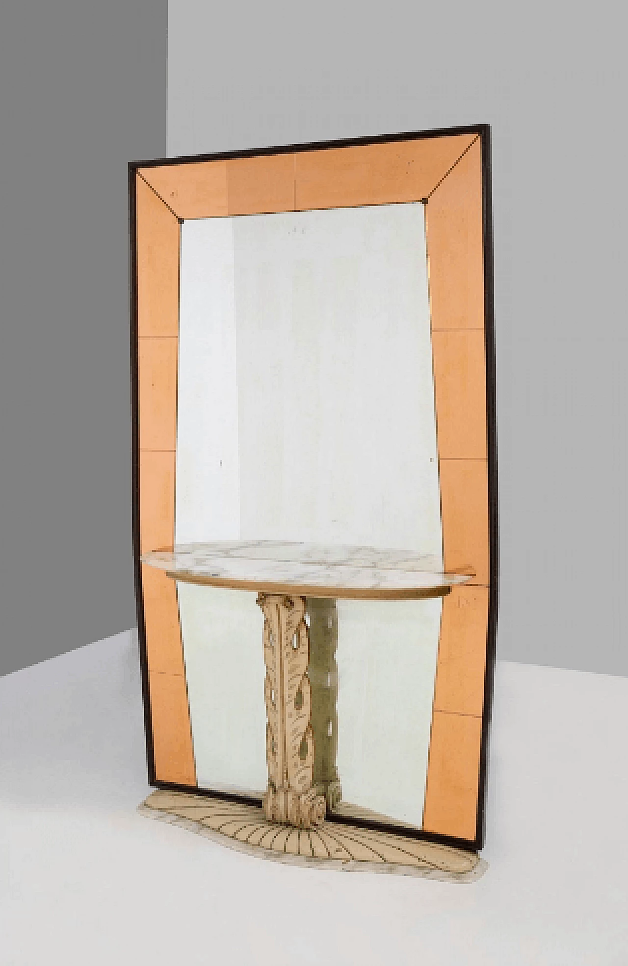 Specchio in vetro rosa con consolle in legno e marmo di Dassi, anni '30 6