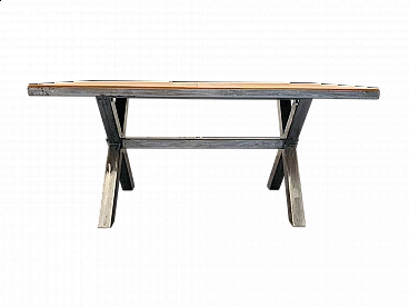 Tavolo in acciaio con piano in teak, anni '2000