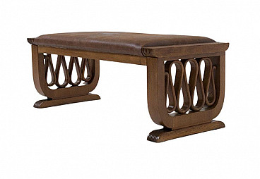 Walnut and brown faux leather bench attributed to Gio Ponti, 1940s