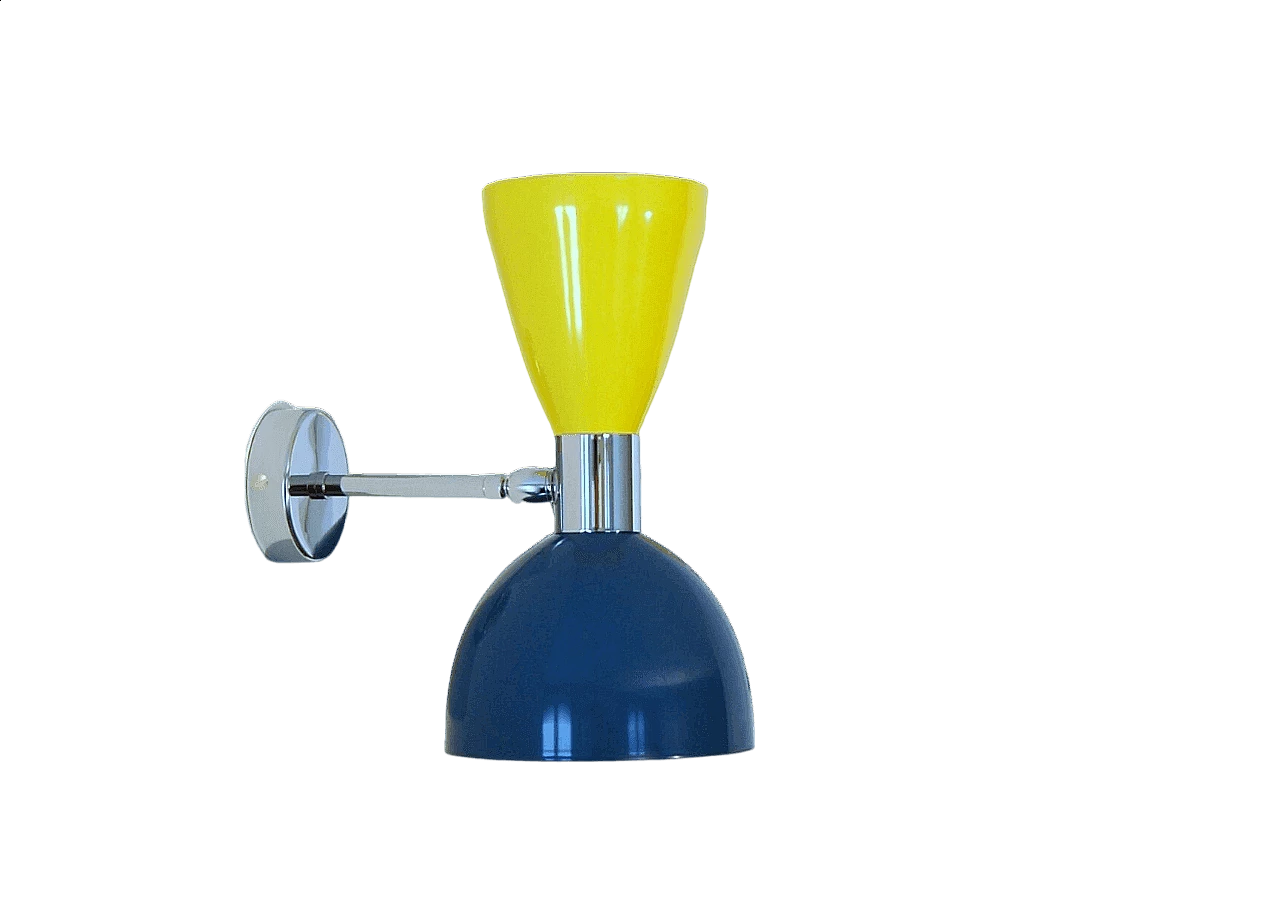 Applique in ottone cromato a doppio cono giallo e blu di Deyroo Lighting, anni '2000 11