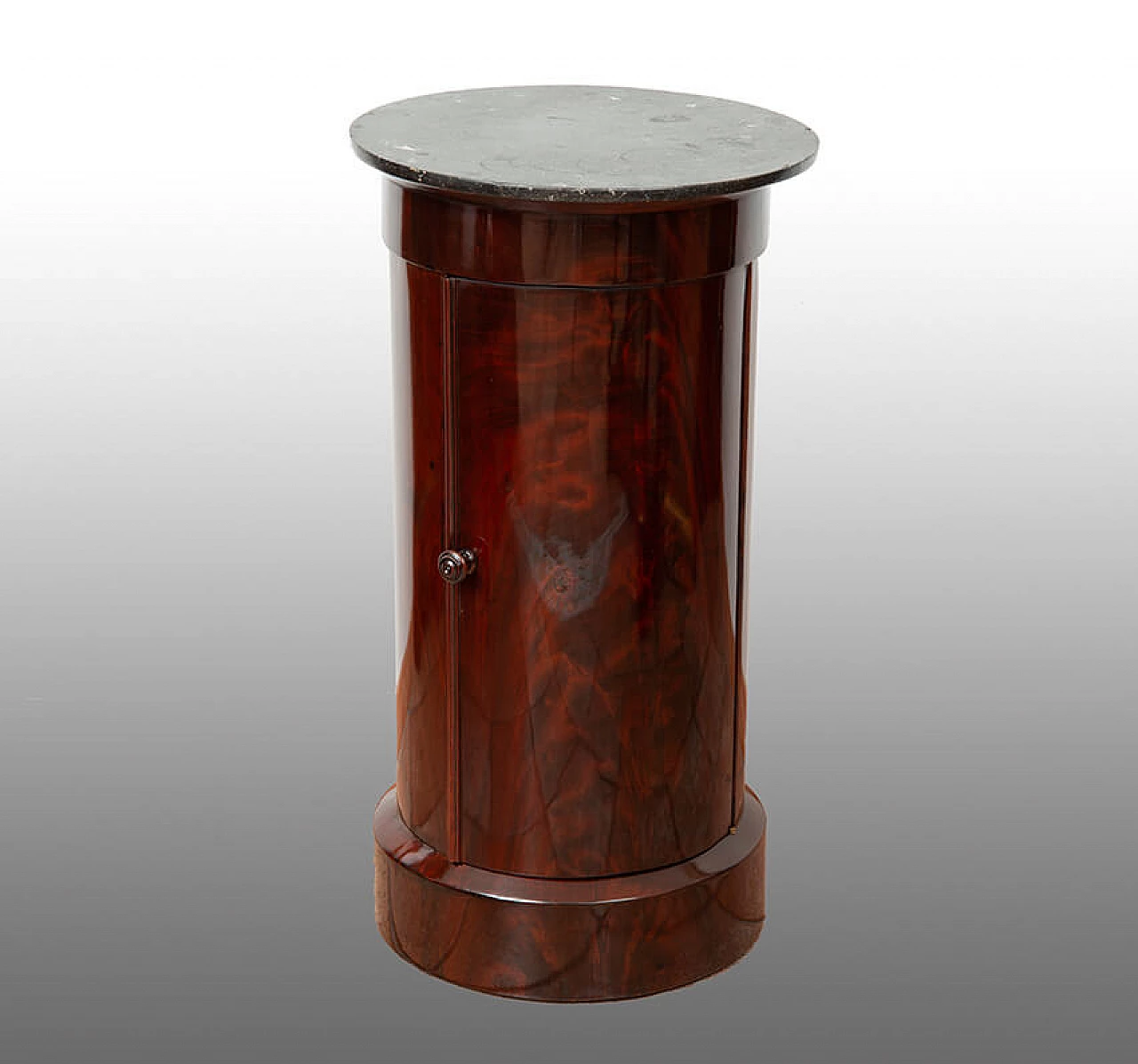 Empire mahogany feather cylinder bedside table with black Belgian marble top, 19th century 1