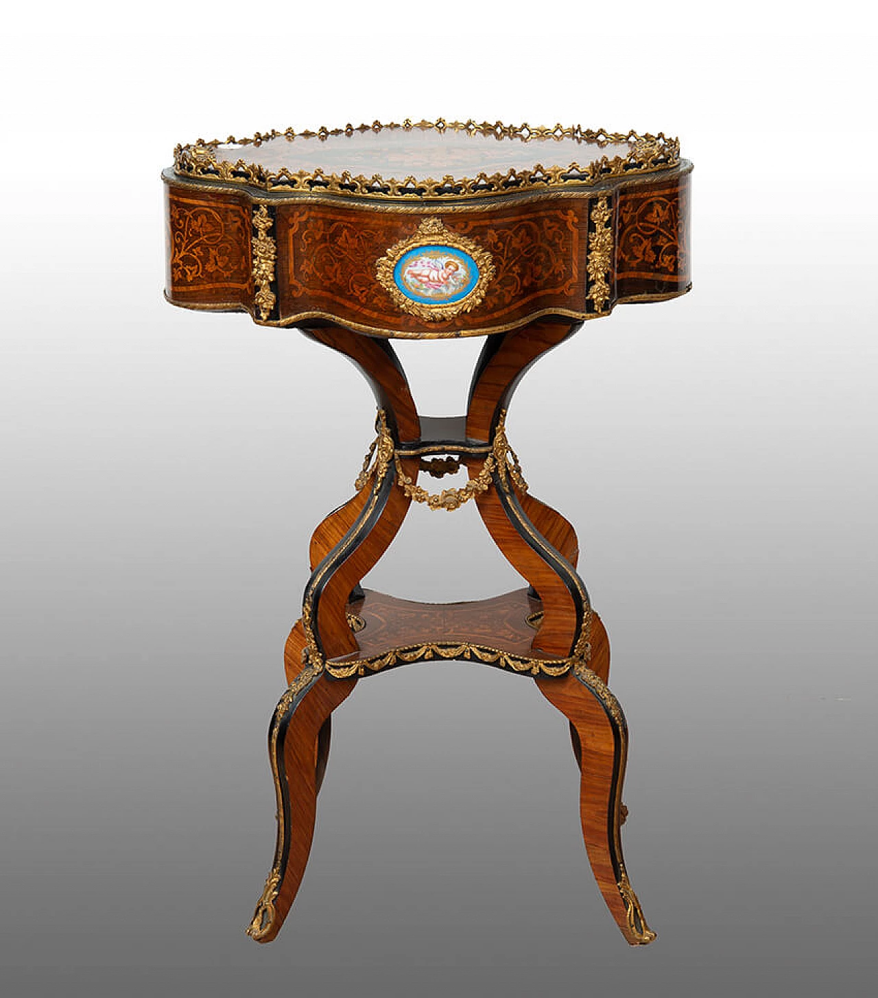 Tavolino Napoleone III in legno esotico, bronzo e porcellana di Sèvres, '800 1