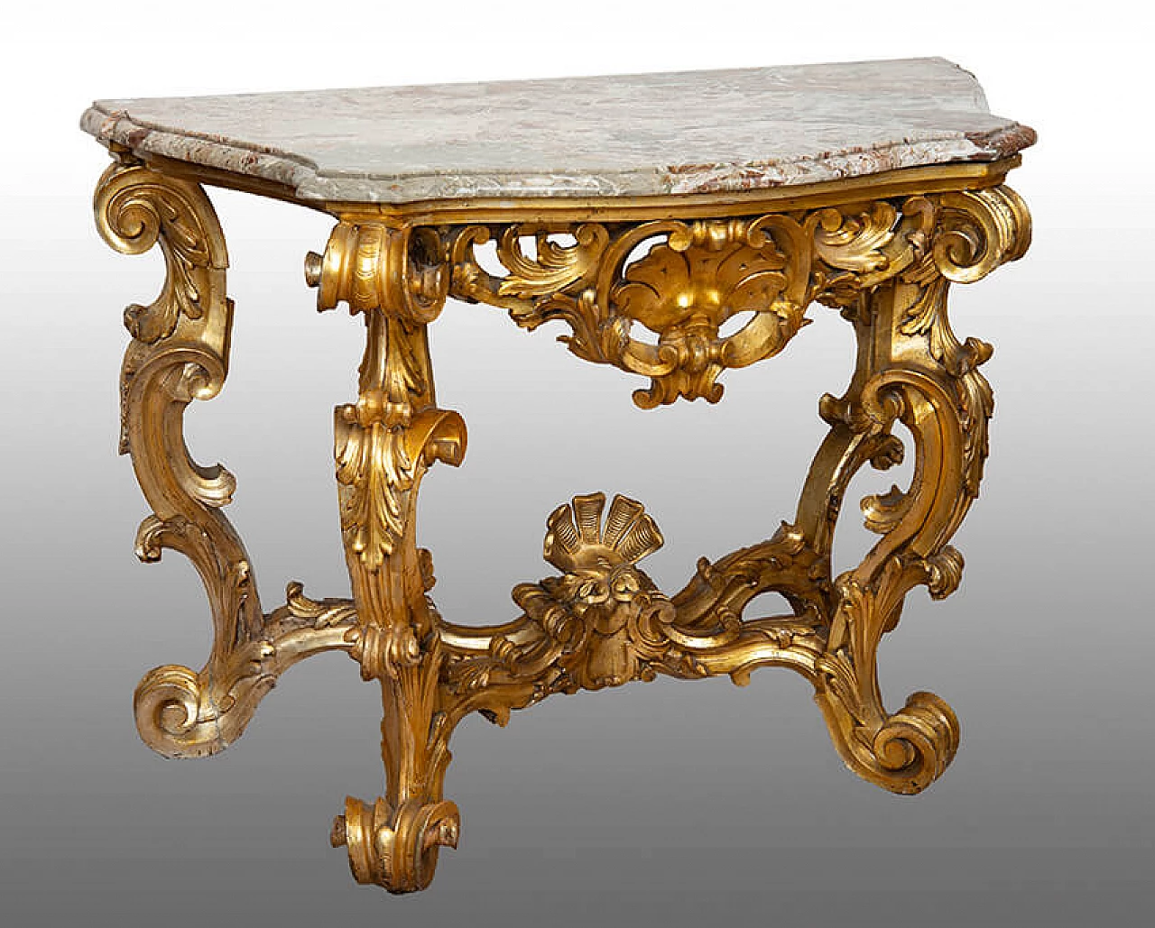 Roman Louis XV gilded wood and marble console, 18th century 1