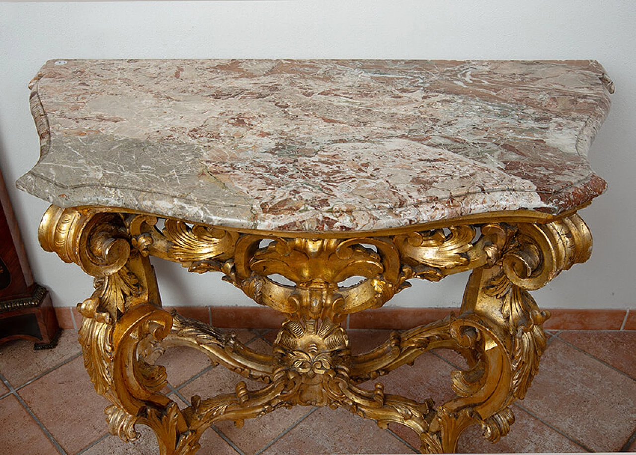 Roman Louis XV gilded wood and marble console, 18th century 2