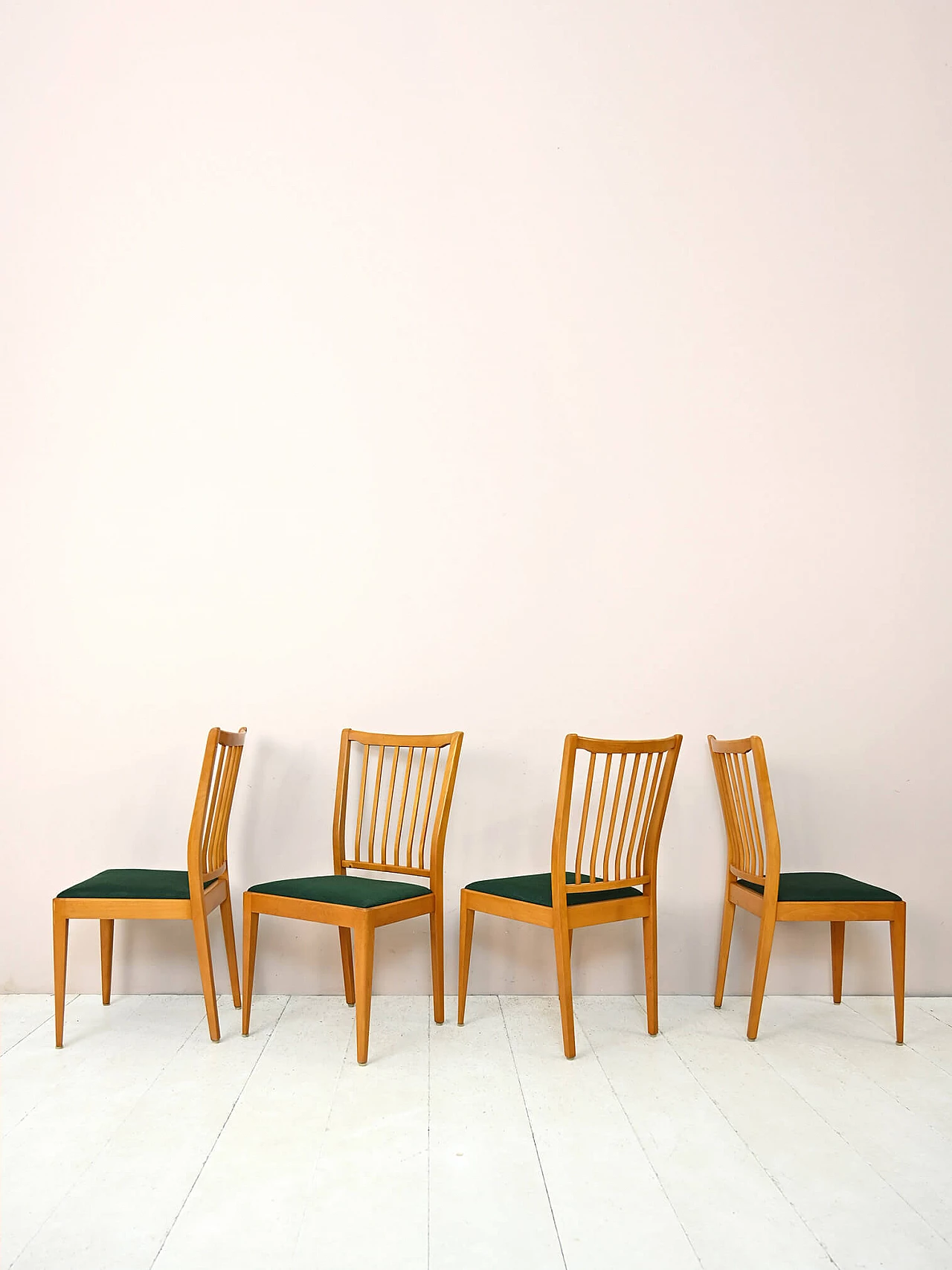 4 Swedish birch and dark green fabric chairs, 1950s 2