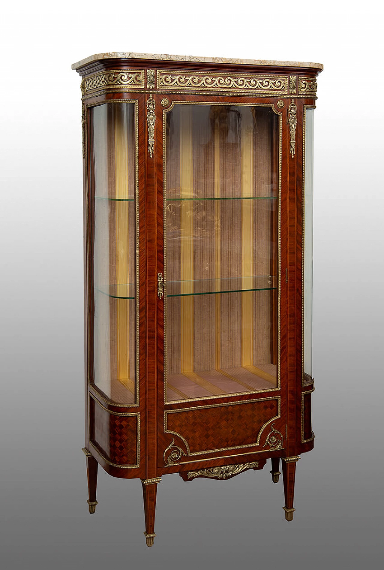 Napoleon III showcase in exotic precious woods with marble top, 19th century 1