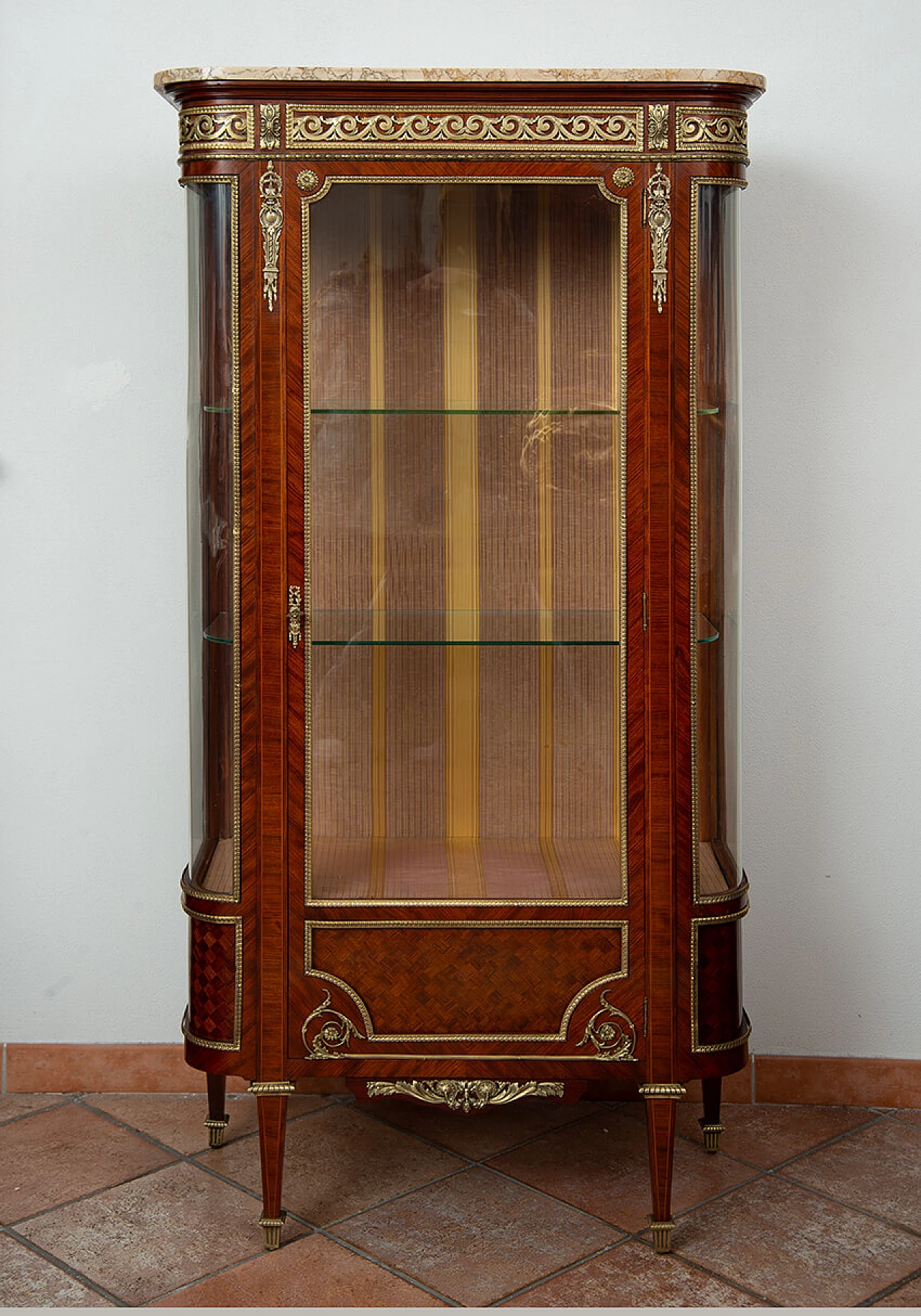 Napoleon III showcase in exotic precious woods with marble top, 19th century 6