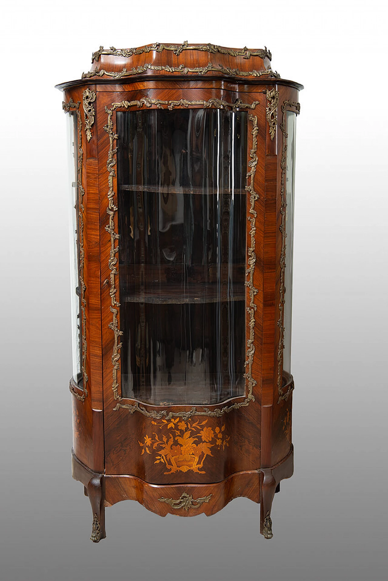 Napoleon III showcase in exotic precious wood with floral inlay and gilded bronze applications, 19th century 1