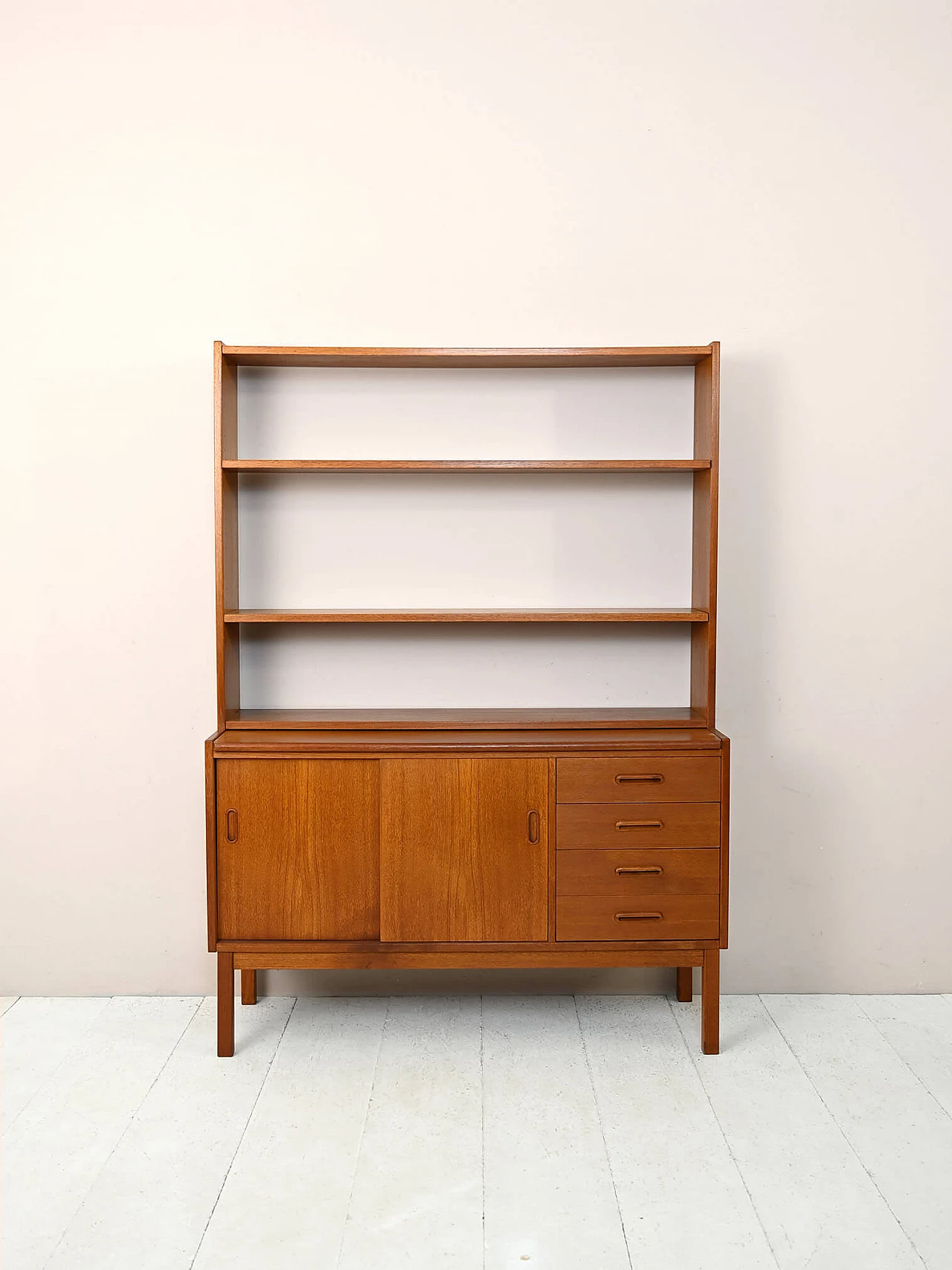 Libreria svedese in teak con piano estraibile, scaffali, ante scorrevoli e cassetti, anni '60 2