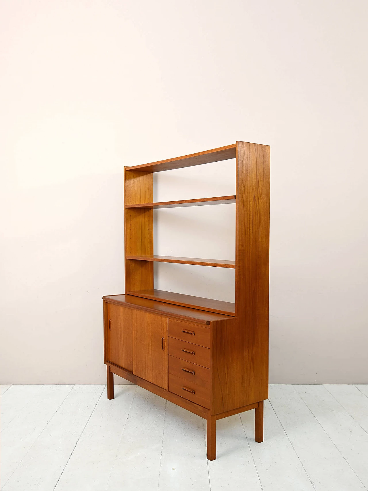 Libreria svedese in teak con piano estraibile, scaffali, ante scorrevoli e cassetti, anni '60 8