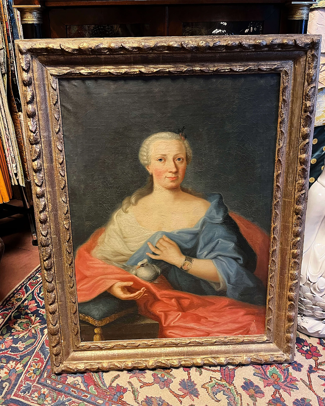 Portrait of woman with bird, oil painting on canvas, 18th century 3