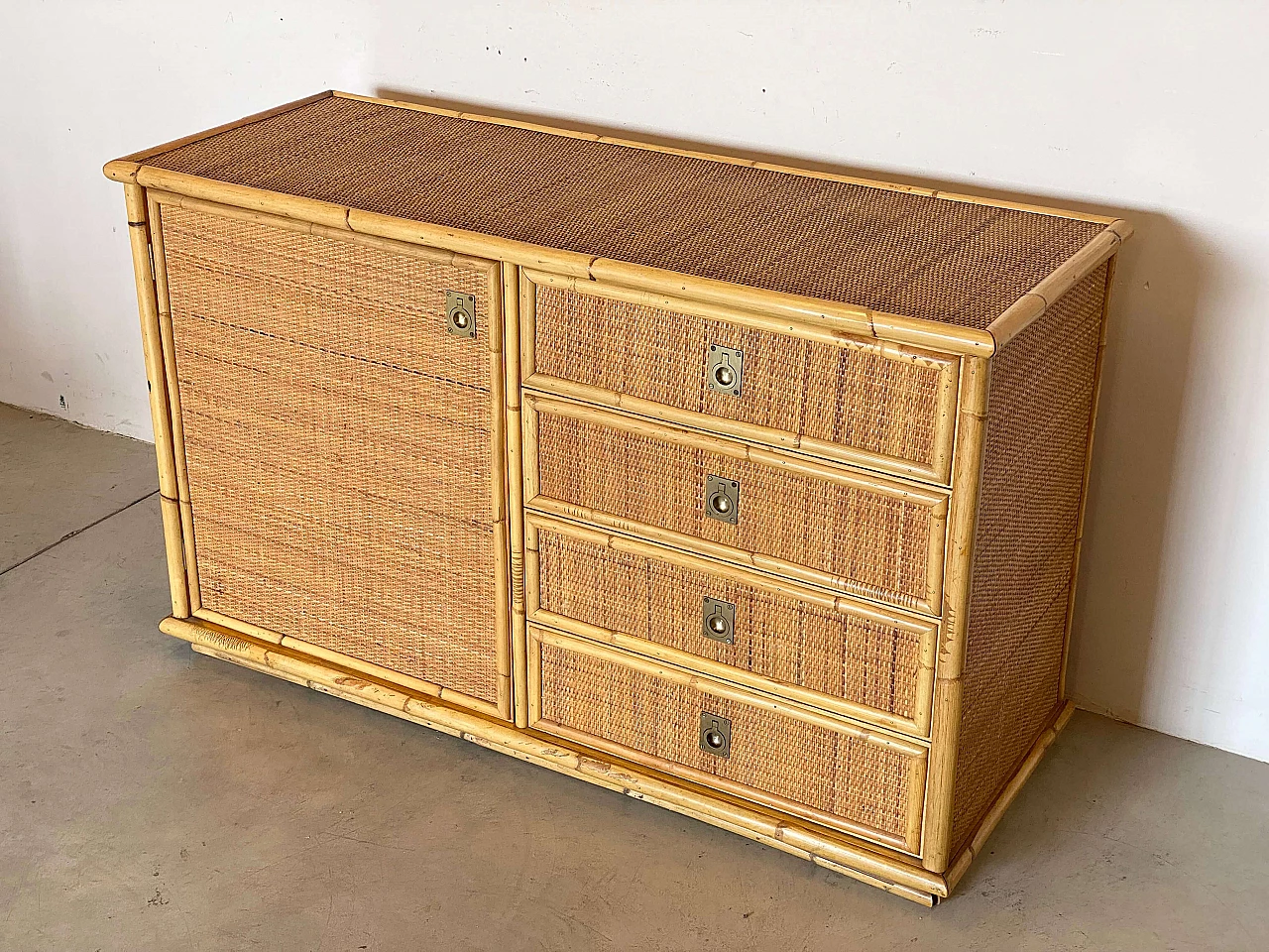 Credenza in vimini e bambù di Dal Vera, anni '70 1