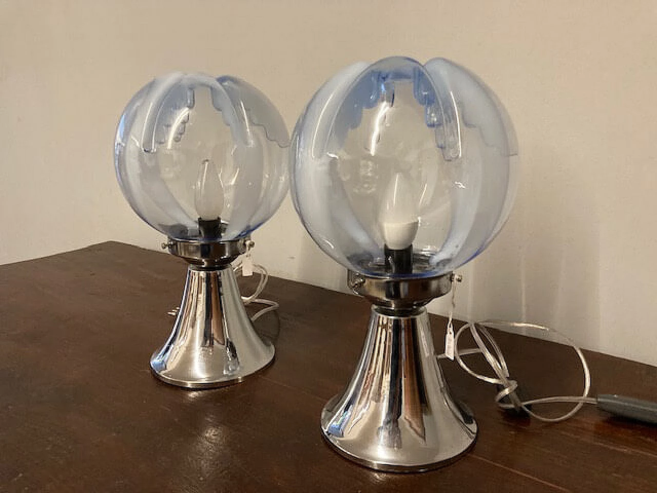 Pair of metal and blue glass table lamps, 1970s 1