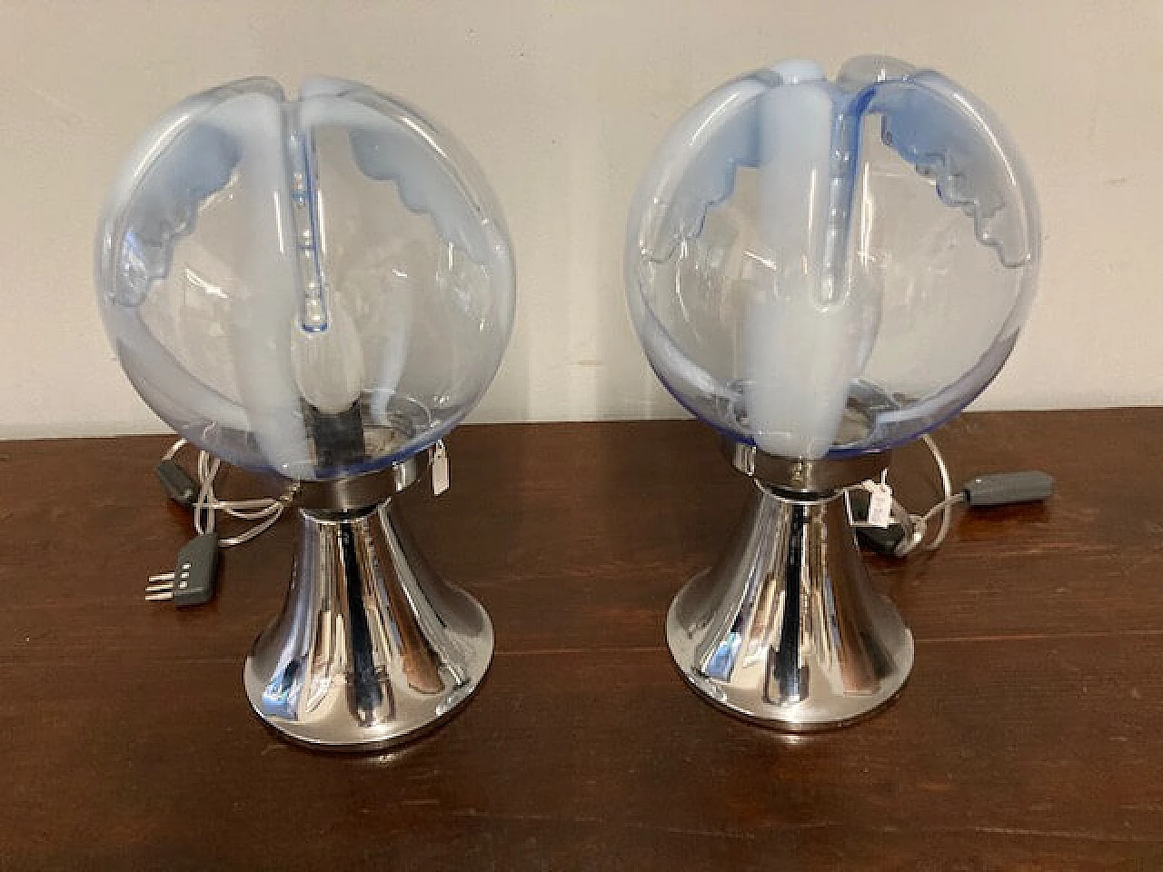 Pair of metal and blue glass table lamps, 1970s 2