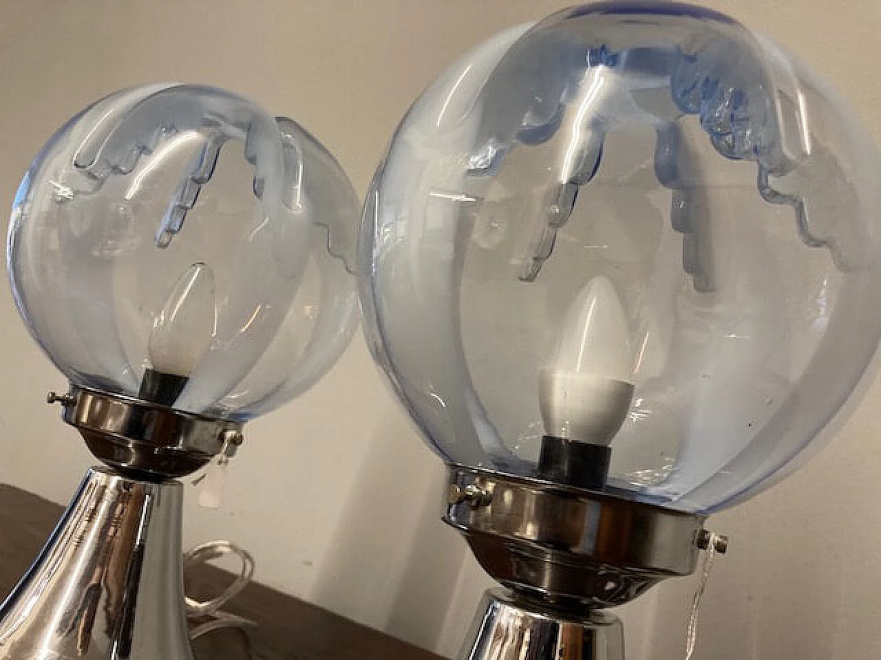 Pair of metal and blue glass table lamps, 1970s 9