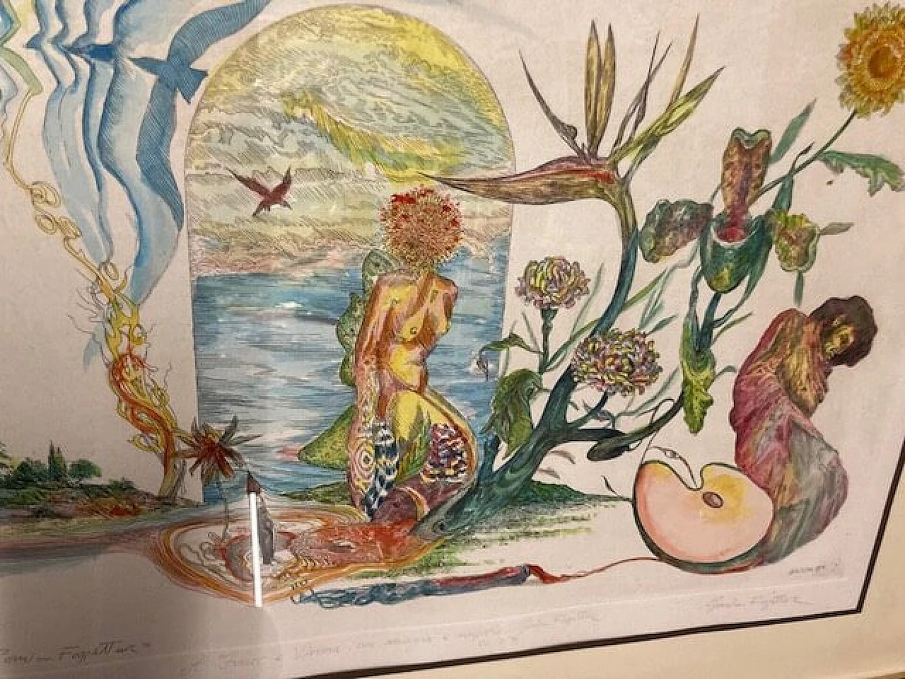 Gordon Faggetter, surrealist composition, watercolor etching, 1976 10