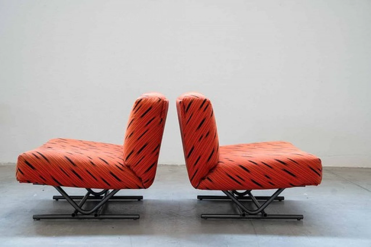 Pair of metal and red and black fabric armchairs, 1970s 9