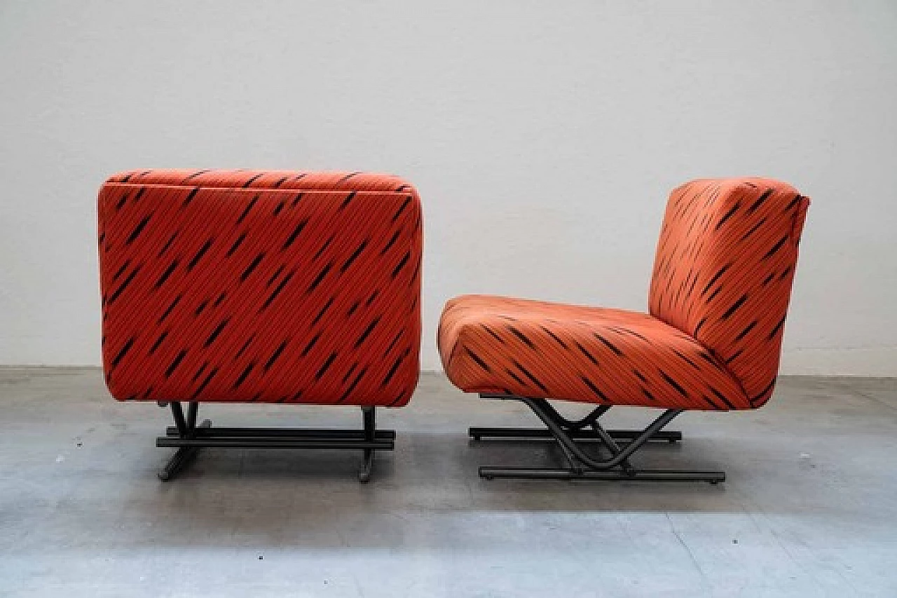 Pair of metal and red and black fabric armchairs, 1970s 11