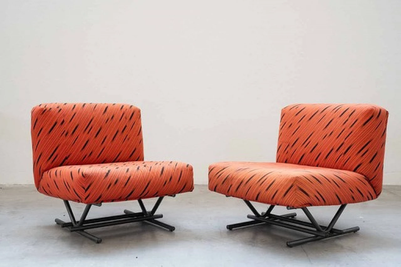 Pair of metal and red and black fabric armchairs, 1970s 14