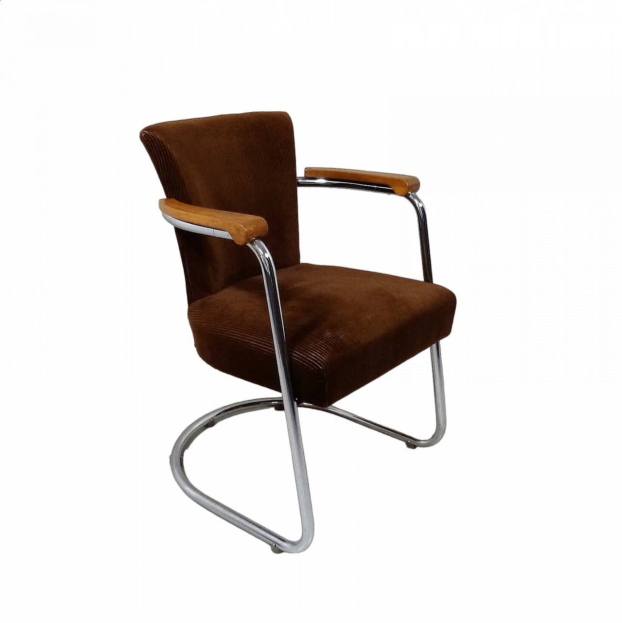 Ribbed fabric armchair with chrome-plated tubular frame and beech armrests, 1950s 11