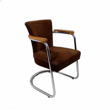 Ribbed fabric armchair with chrome-plated tubular frame and beech armrests, 1950s