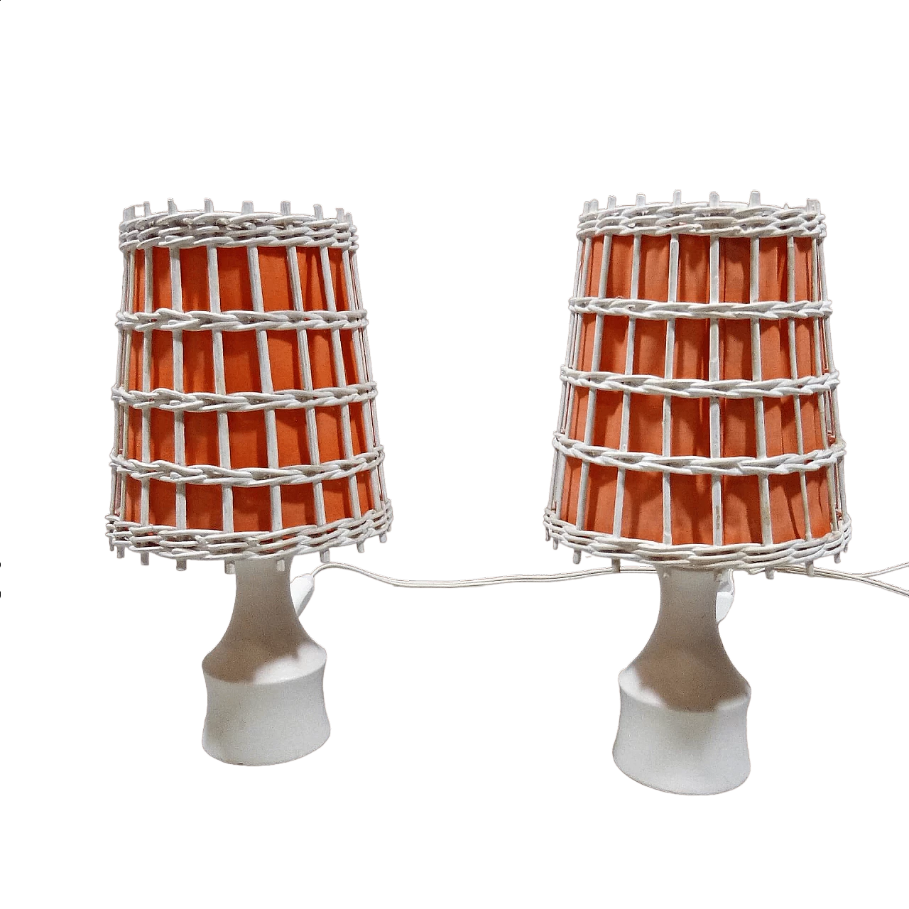 Pair of white lacquered wooden table lamps with wicker shade, 1960s 14