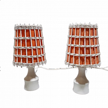 Pair of white lacquered wooden table lamps with wicker shade, 1960s