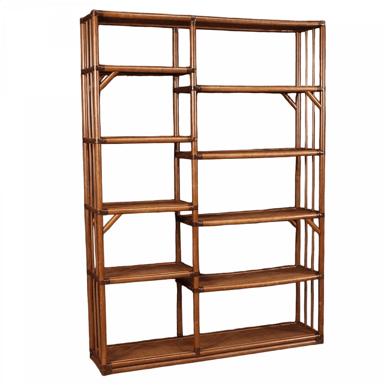 Centrepiece bookcase in exotic wood and rattan, 1970s 13