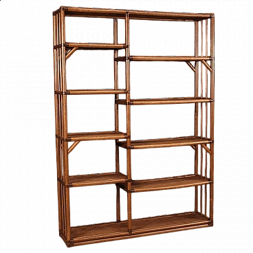 Centrepiece bookcase in exotic wood and rattan, 1970s