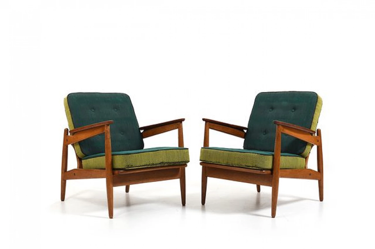 Pair of Danish oak, teak and fabric armchairs, 1950s 1