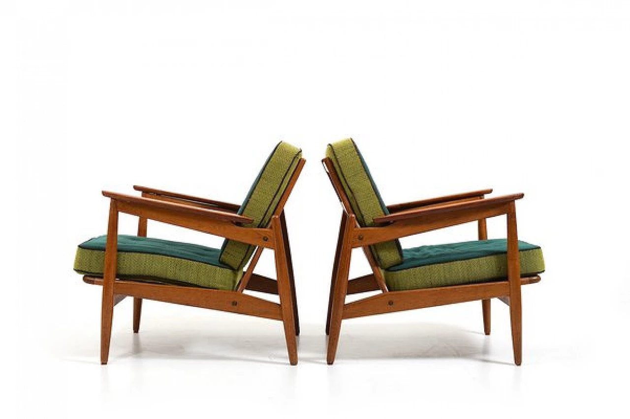 Pair of Danish oak, teak and fabric armchairs, 1950s 2