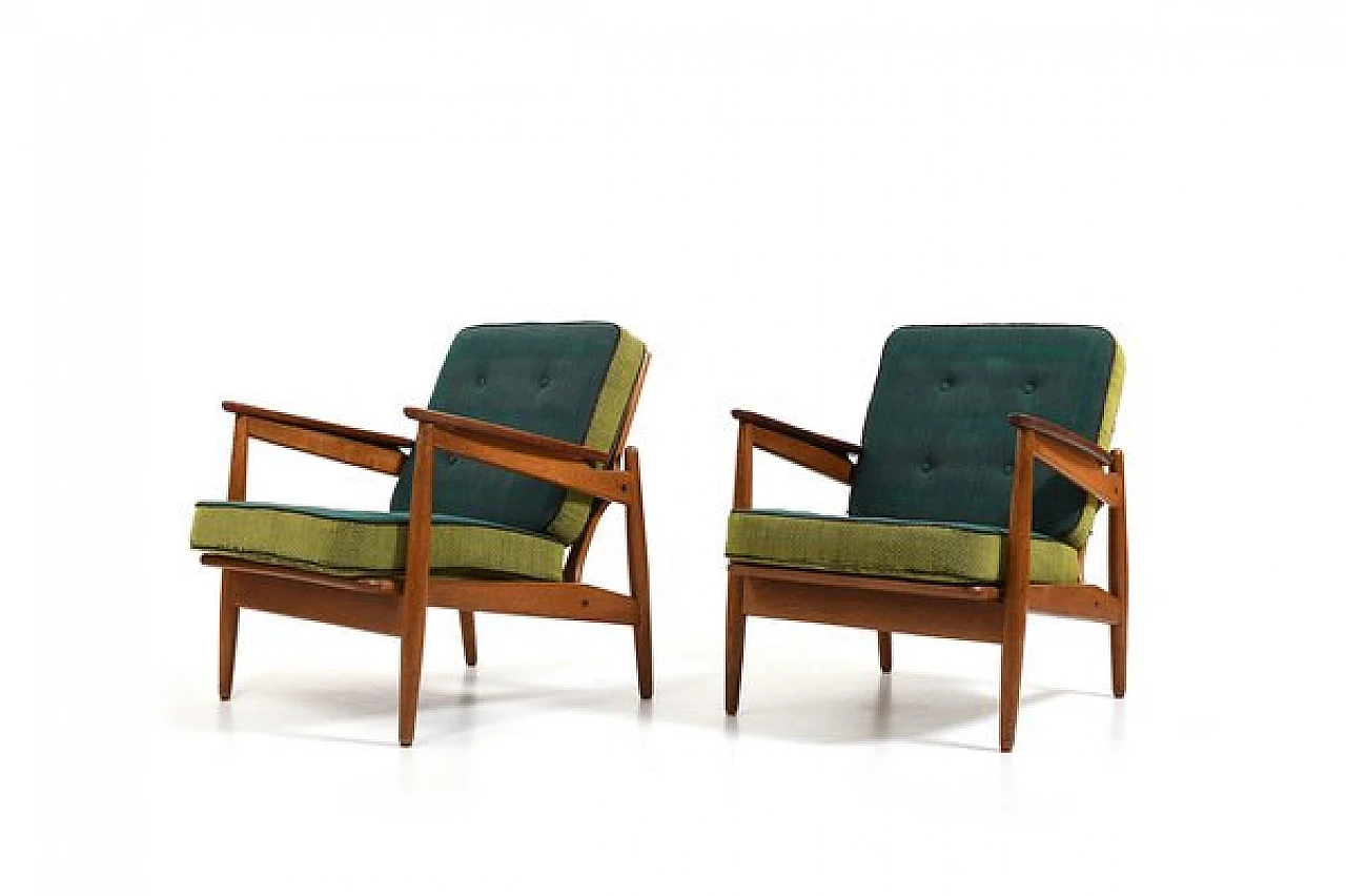 Pair of Danish oak, teak and fabric armchairs, 1950s 3