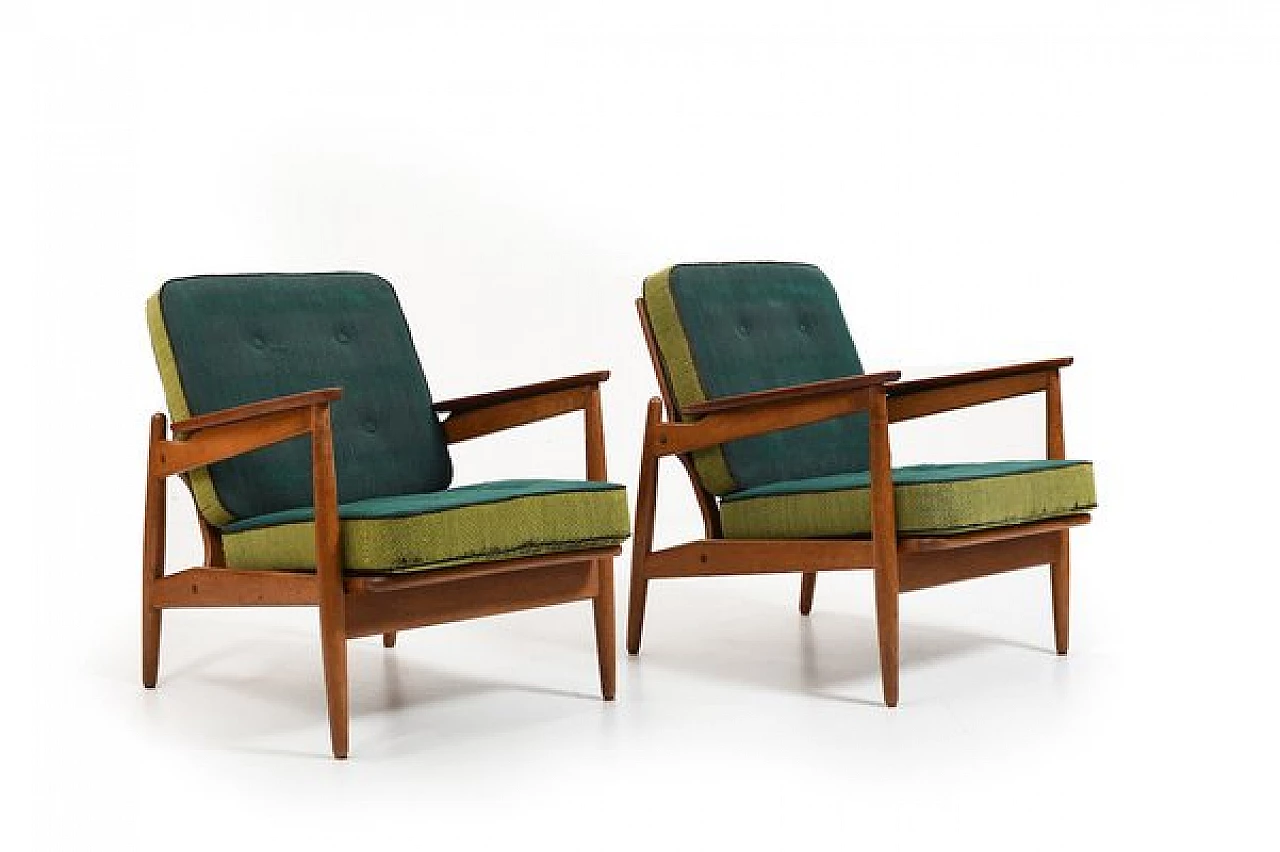 Pair of Danish oak, teak and fabric armchairs, 1950s 6