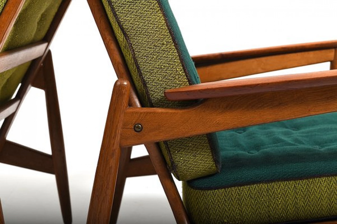 Pair of Danish oak, teak and fabric armchairs, 1950s 7