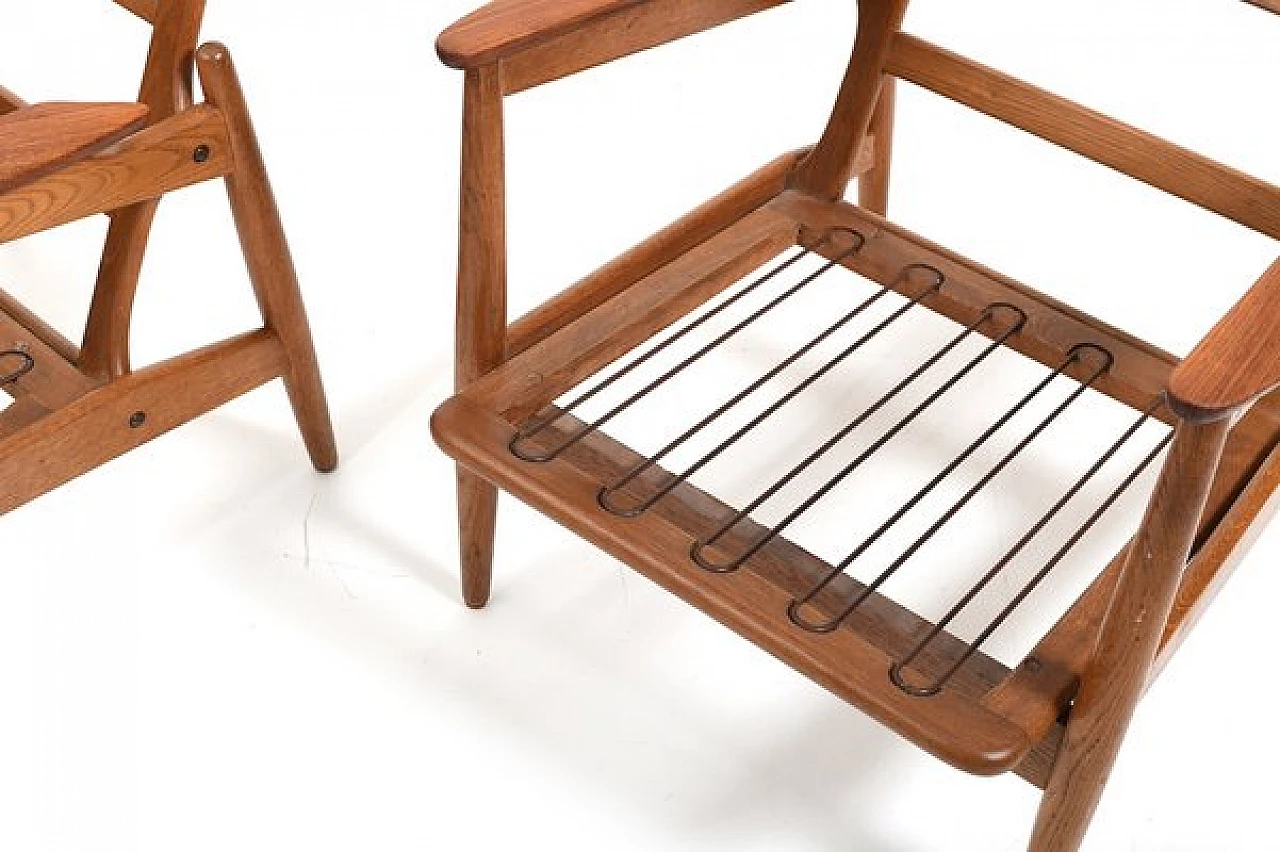 Pair of Danish oak, teak and fabric armchairs, 1950s 11