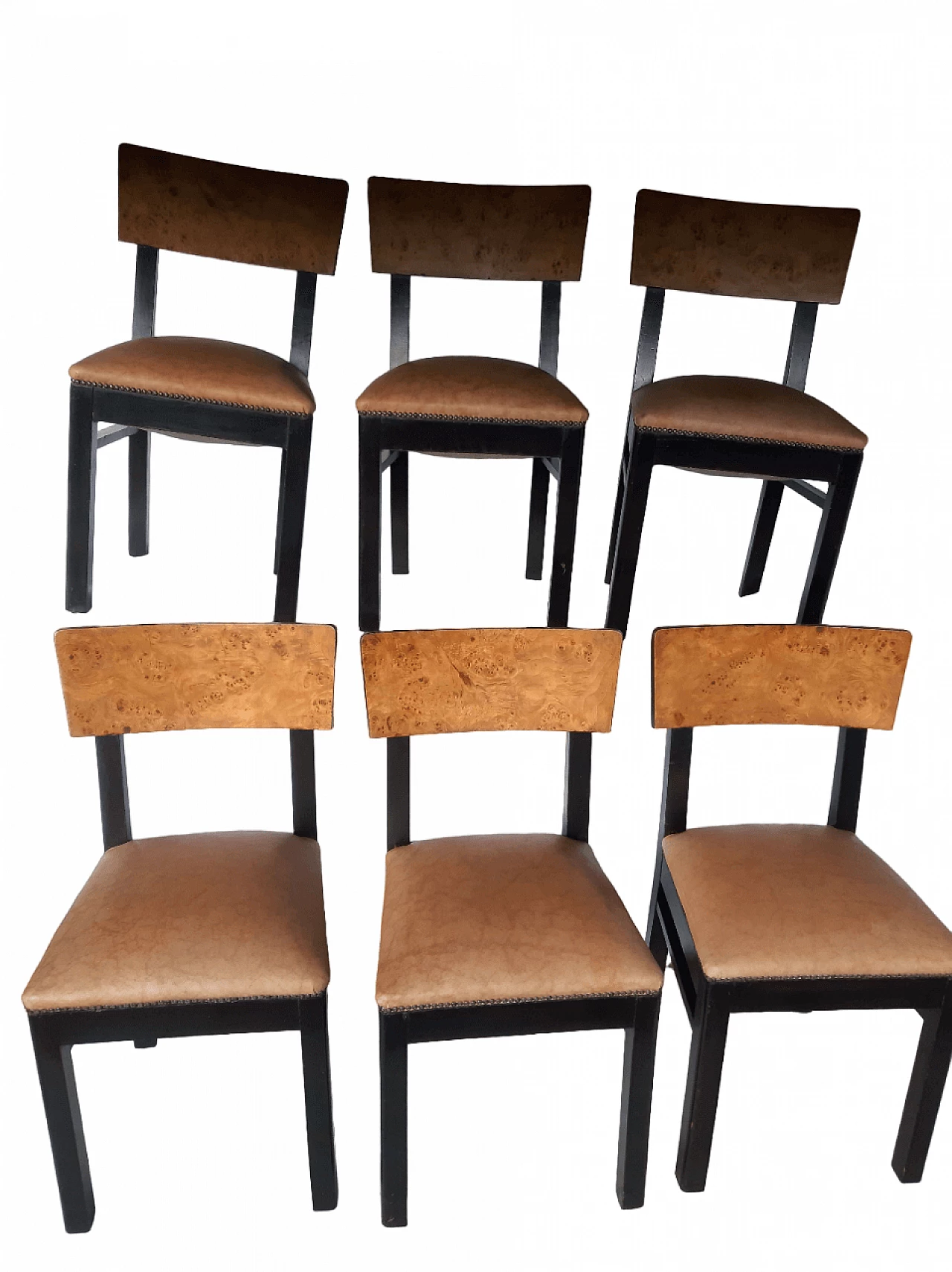 6 Art Deco chairs in rosewood, elm root and leather, 1930s 8