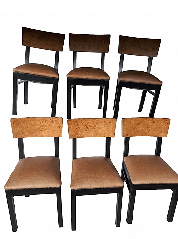 6 Art Deco chairs in rosewood, elm root and leather, 1930s