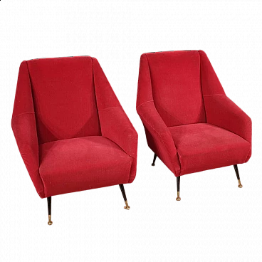 Pair of metal and red velvet armchairs, 1960s