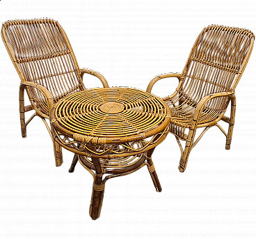 Pair of bamboo French Riviera armchairs and coffee table by Franco Albini, 1950s