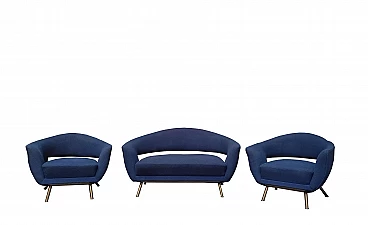 Pair of armchairs and sofa in blue fabric by Nello Lenzi, 1950s